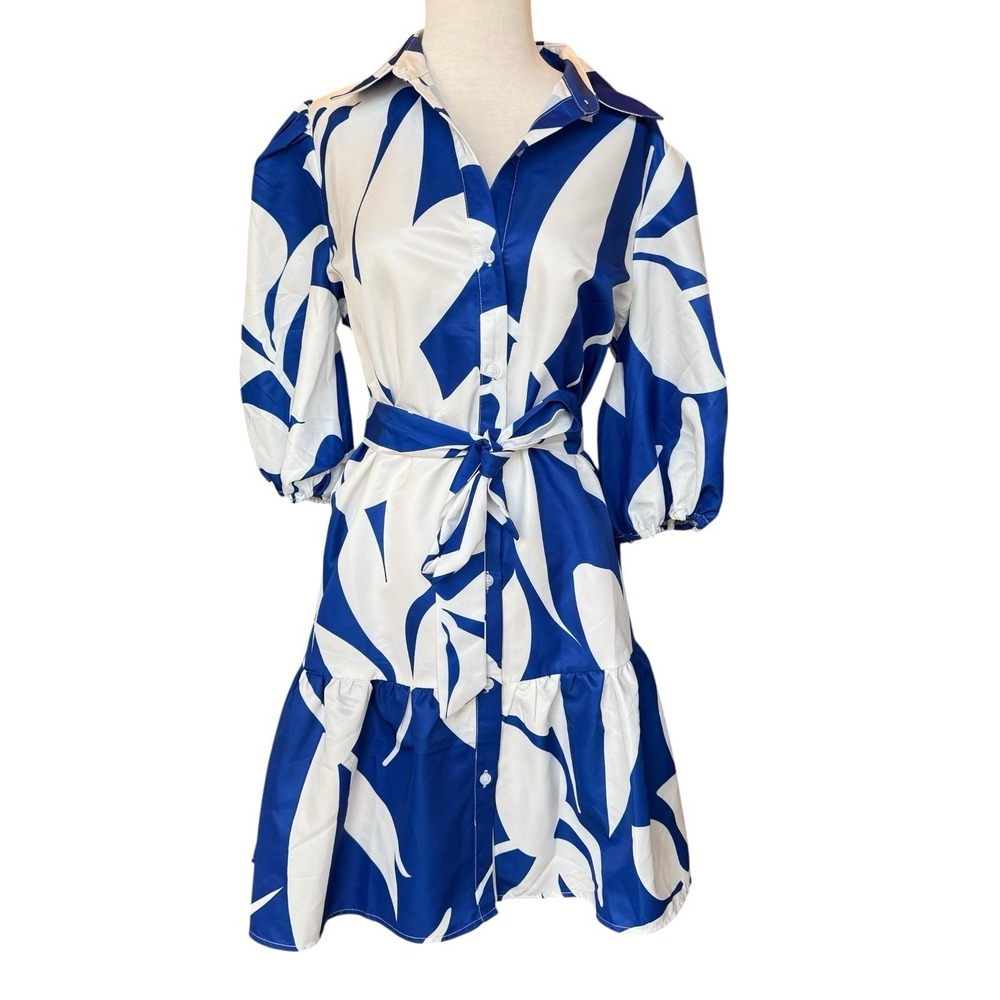 NWT Laurie Dress YH&CO White Blue Leaf Print 3/4 Sleeve Belted Ruffle Skirt 12/L